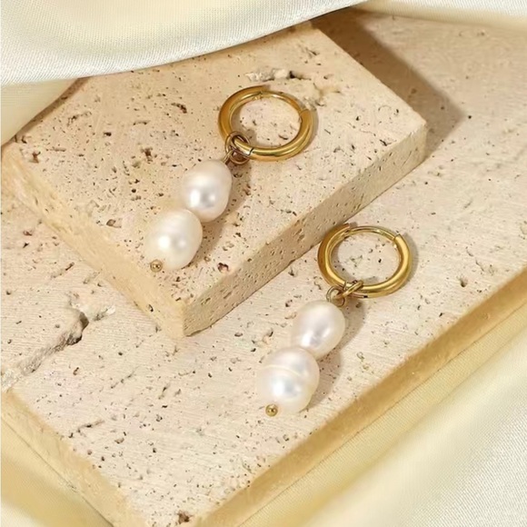 Gold and Pearl huggie drop earrings - Picture 2 of 3